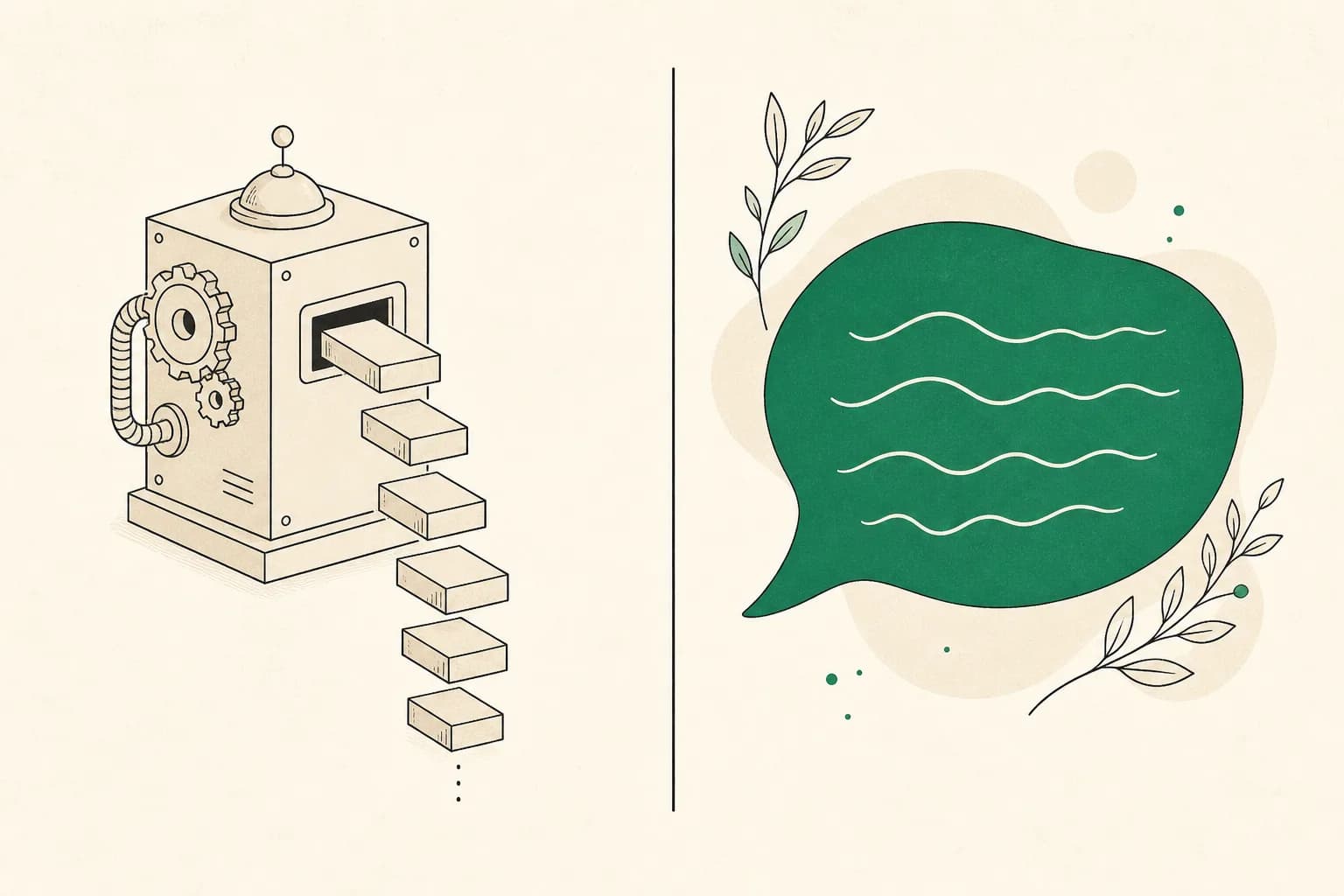 A machine stamping identical blocks beside a soft, human speech bubble