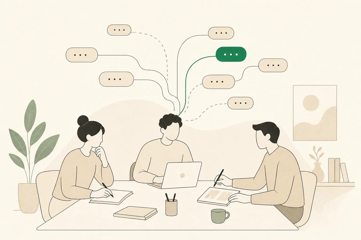 A small studio team with chat threads fanning out, one highlighted