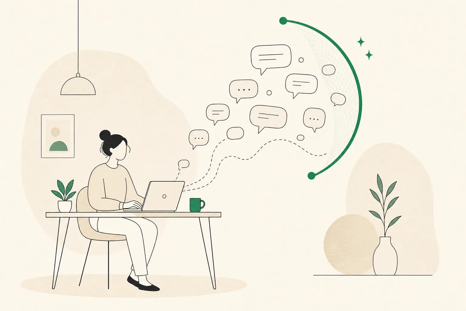 A freelancer at a desk while chat messages are caught and handled automatically